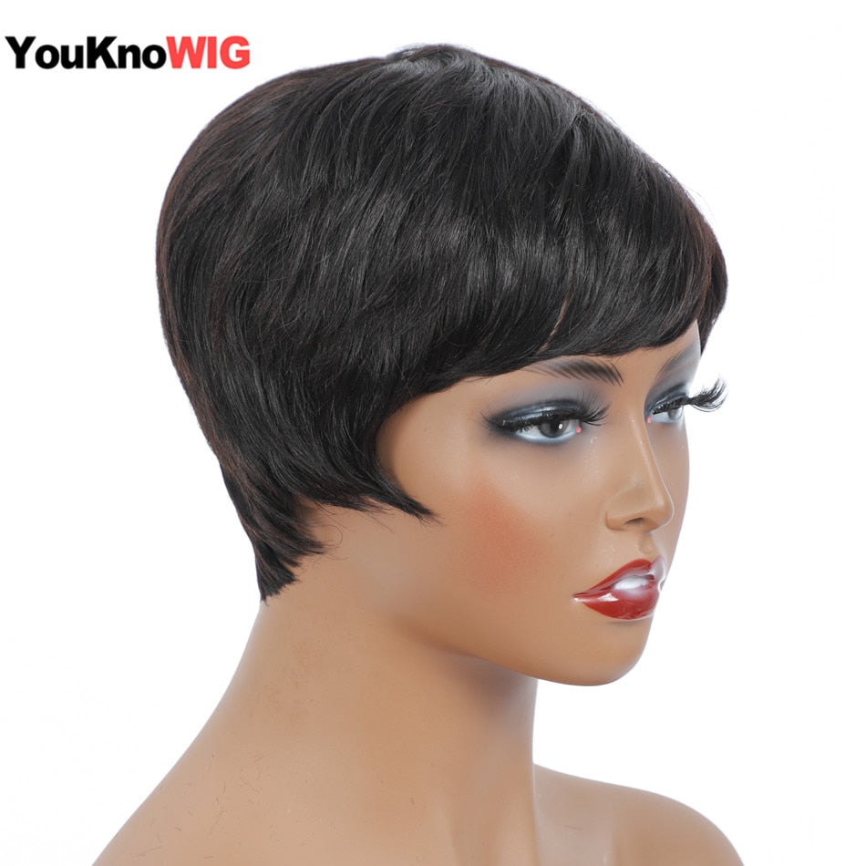 YOUKNOWIG Pixie Cut Straight Short Bob Wig for Black Women 100% Brazilian  Human Hair Full Machine Made Wigs Natural Black Color